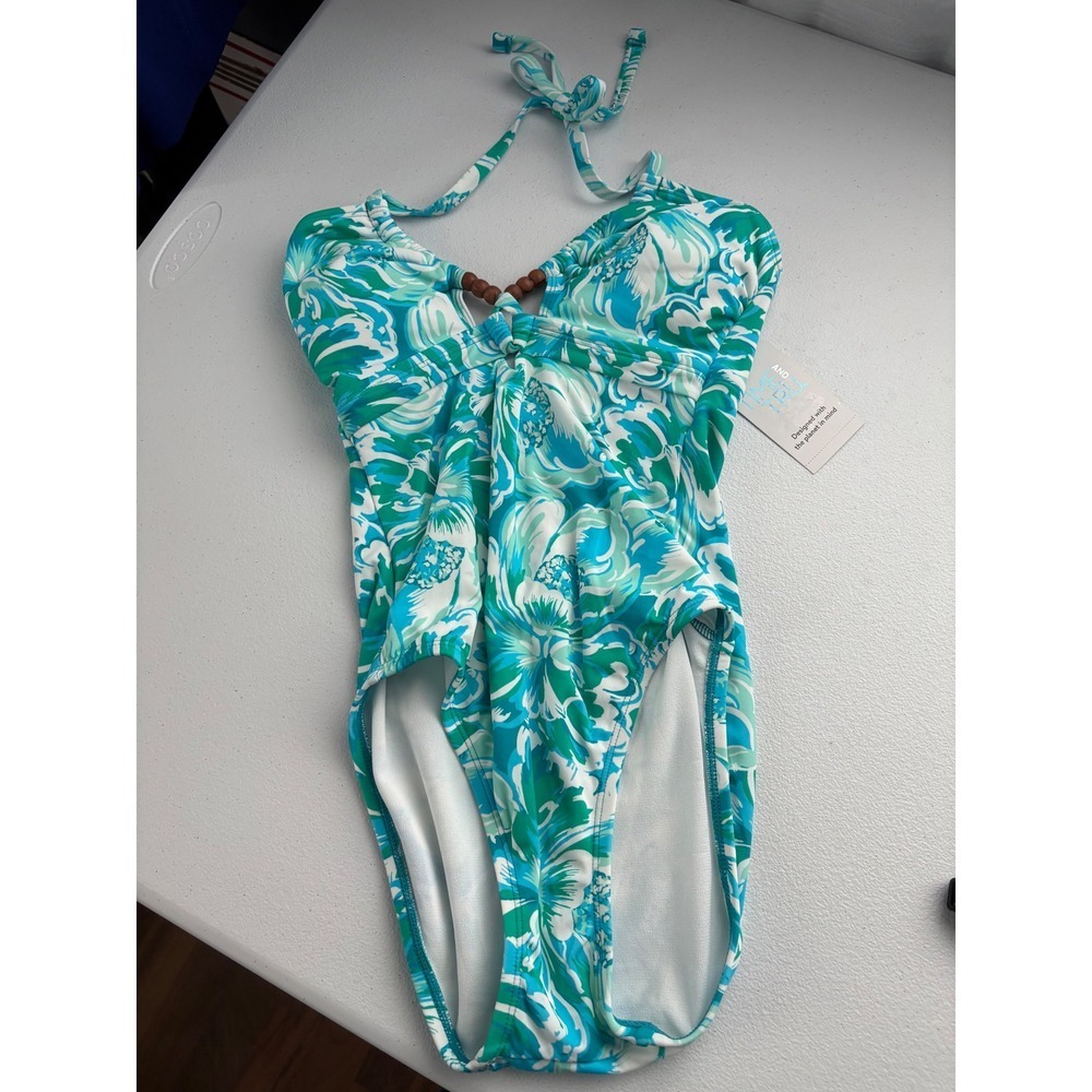 Time And Tru One Piece Swimsuit Floral Halter Adjustable Tie Xs
